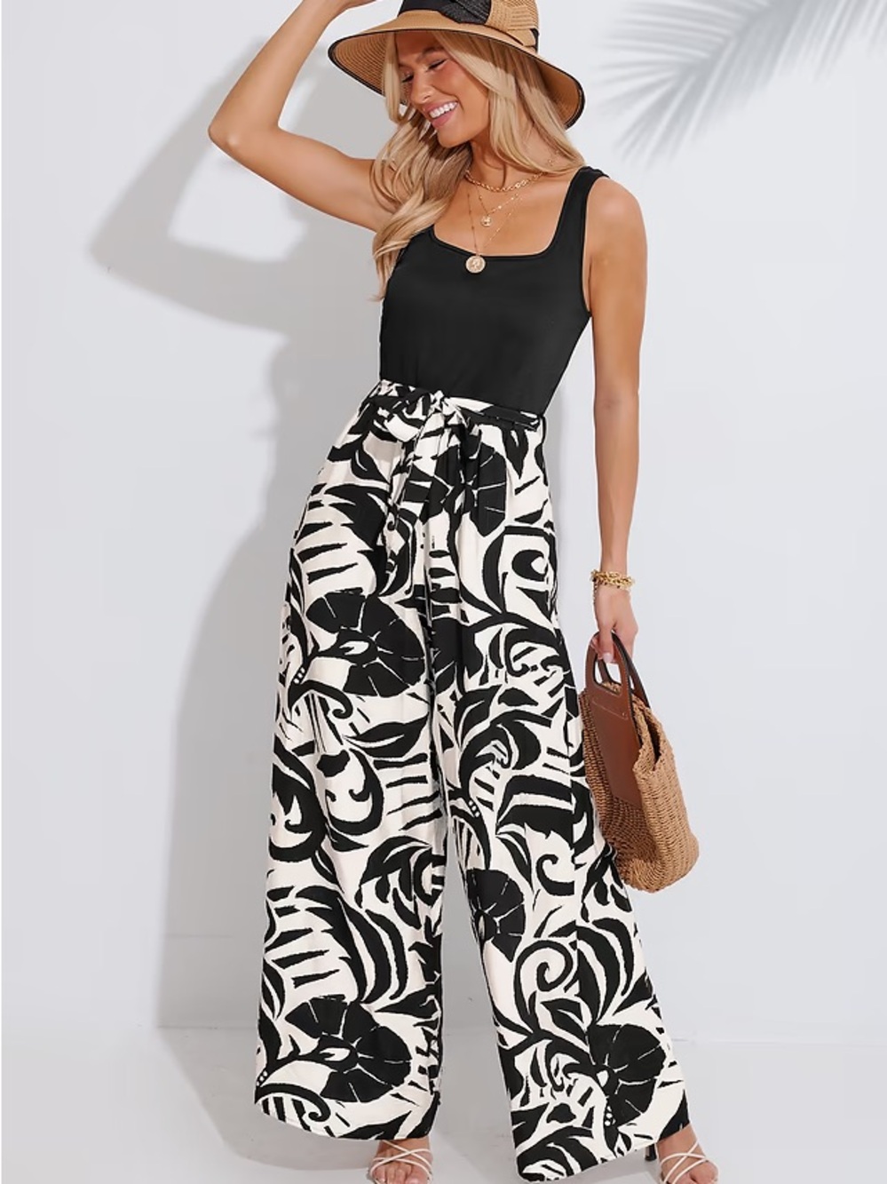 Cupshe Black & White High-Waist Wide-Leg Jumpsuit
